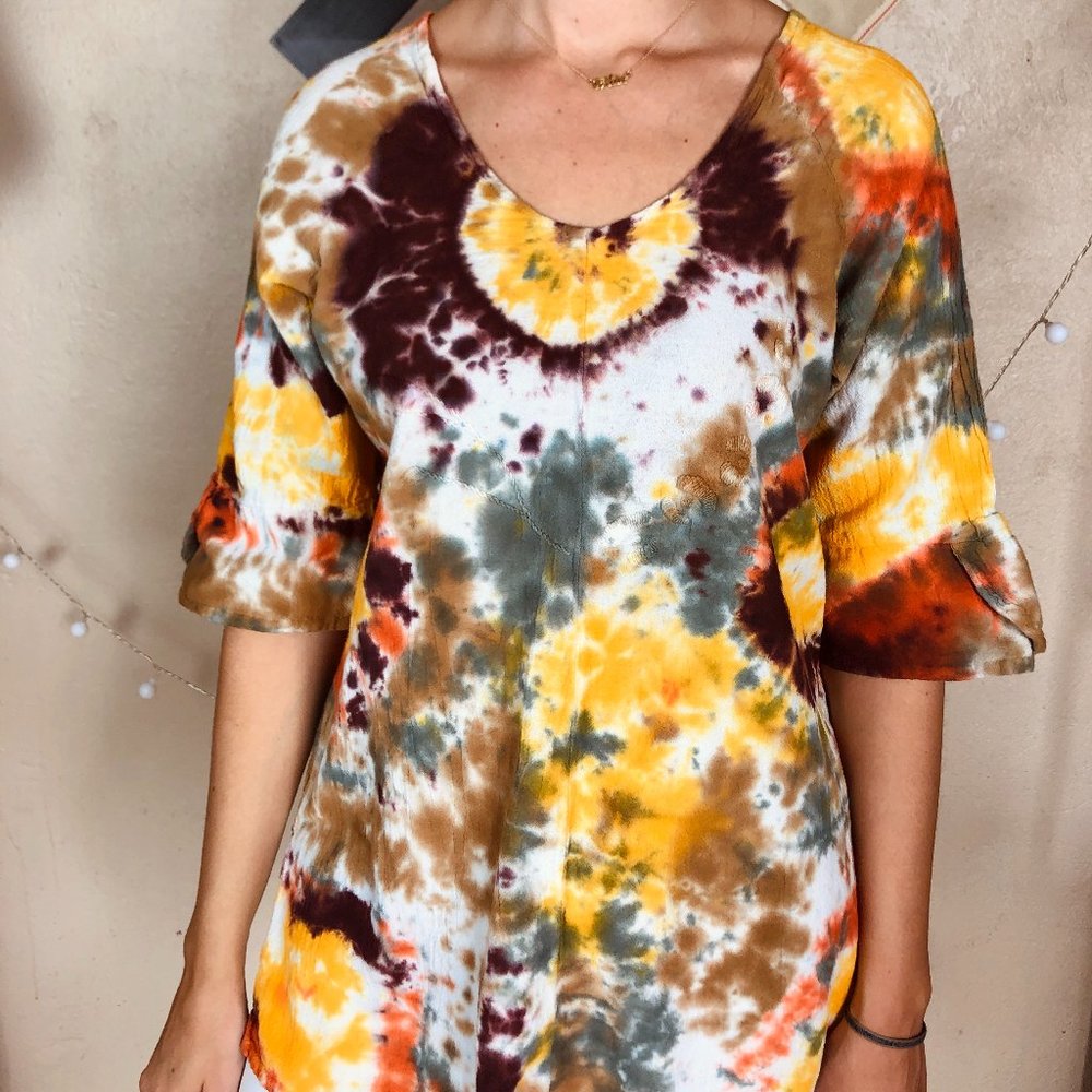 Fall Tone Custom Tie Dye Flare Sleeve Bohemian Peasant 3/4 Sleeve Top - Picture 4 of 10